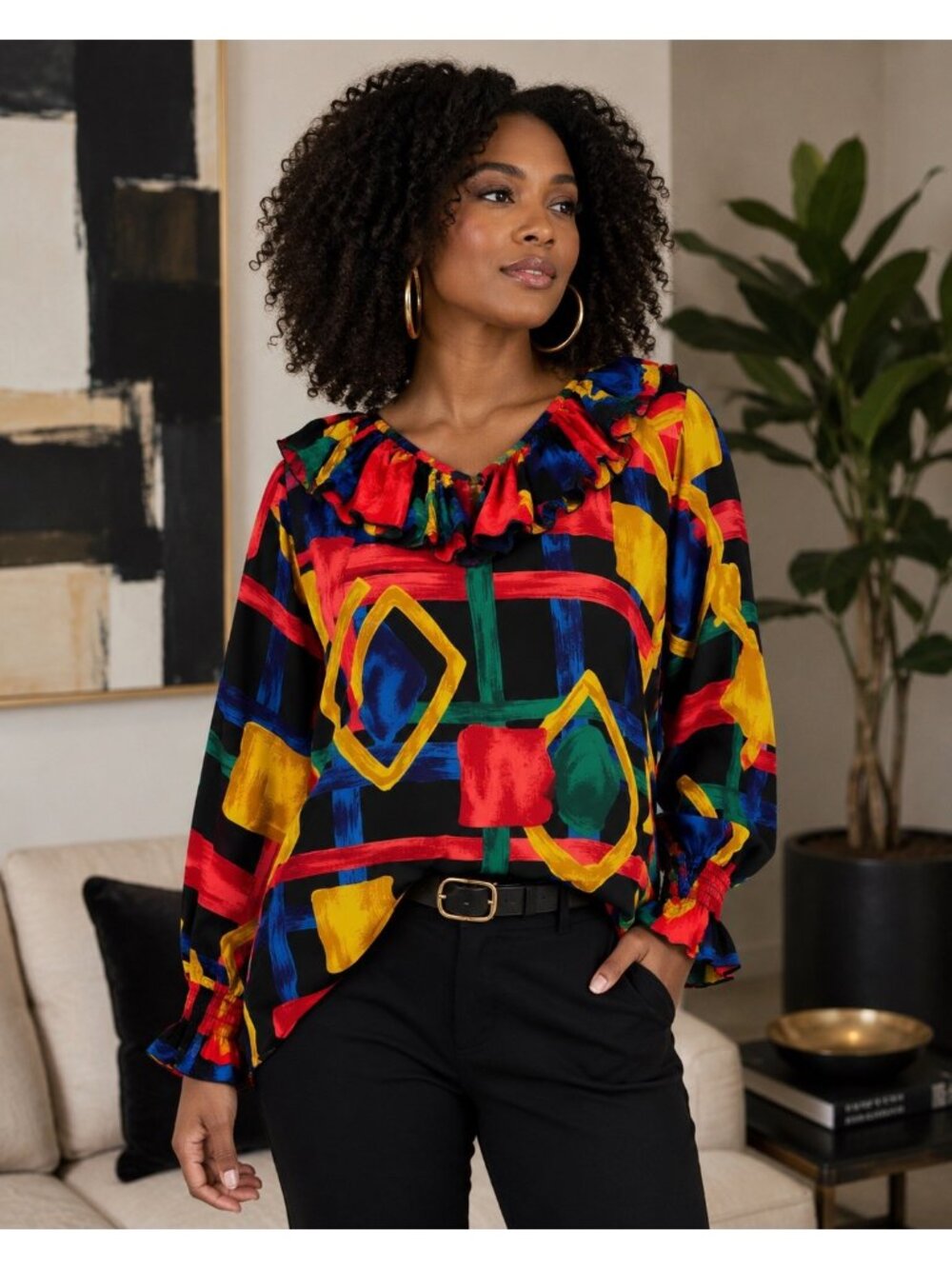 Peter Popovitch Abstract Print Blouse Women’s Plus Size Long Sleeve Ruffle Colla